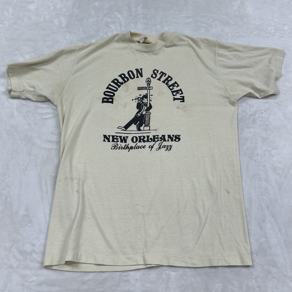 80s Sportswear Bourbon Street shirt Mens L Cream New Orleans Jazz Vintage - Picture 1 of 9